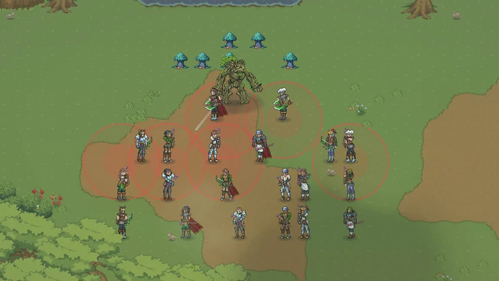 A crowd fighting Eldroth in a forest clearing