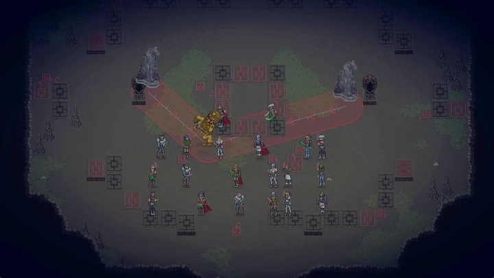 Adventurers facing the Hollow King and his spectral statues in a rune-covered cavern