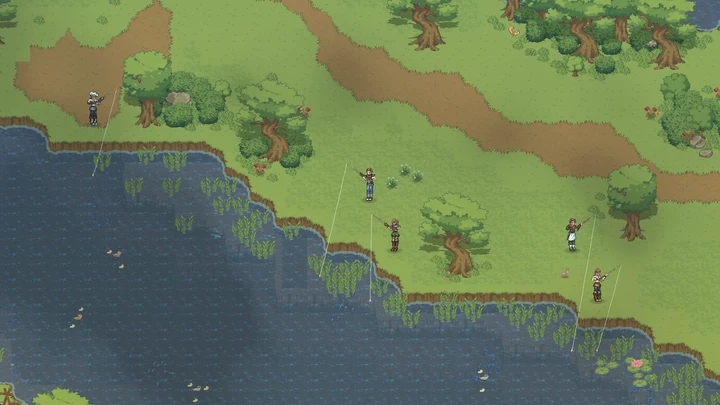 Five adventurers fishing along the riverbank