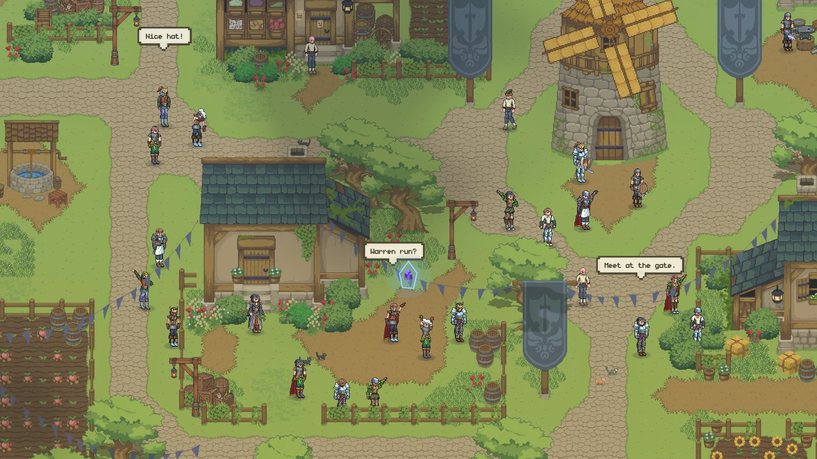 Adventurers gathering on the town streets, chatting and waving between the shops