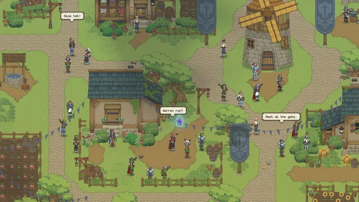 Adventurers gathering on the town streets, chatting and waving between the shops